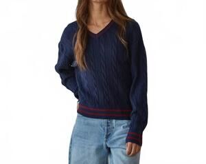 NEW BY TOGETHER the blair cable knit v-neck sweater in navy/ red